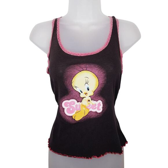 Vintage Y2K Tweety Bird Sweet Tank Top Looney Tunes Racerback Lettuce Lace S/M - Picture 1 of 12